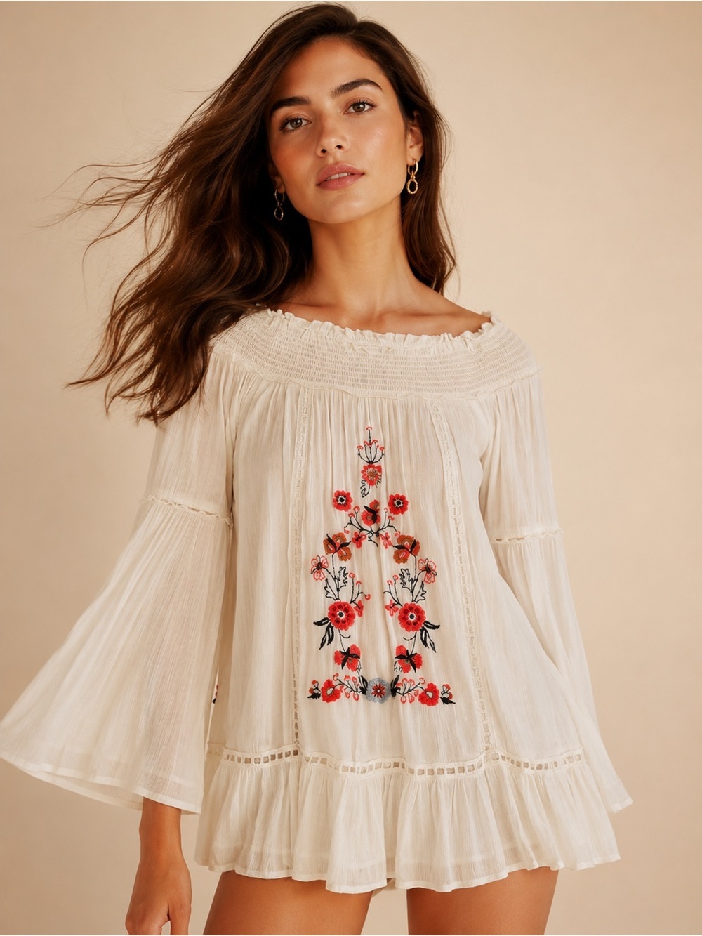 Taylor & Sage Cream Smocked Top with Subtle Green Accent